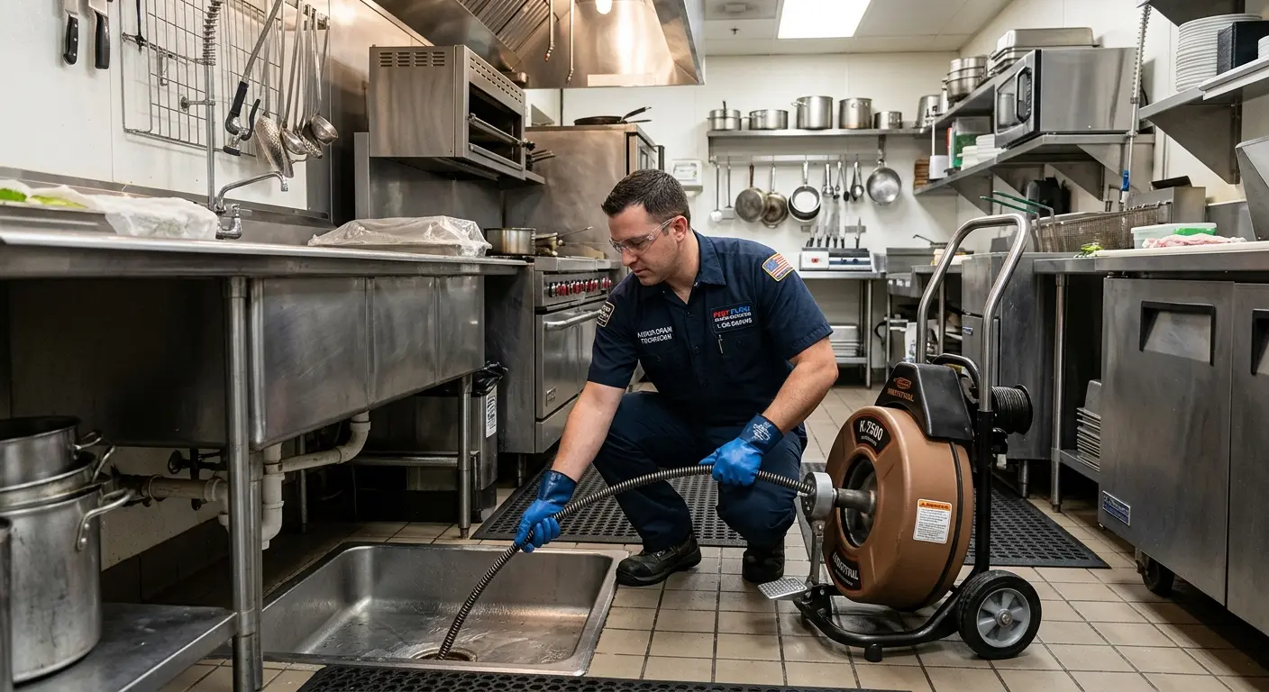 Commercial drain cleaning service in a restaurant kitchen in White City