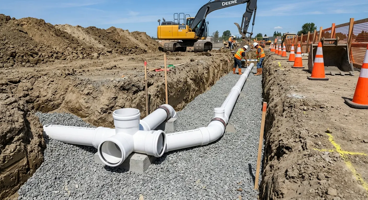 New PVC sewer pipe installation in open trench for Sewer Backup in White City