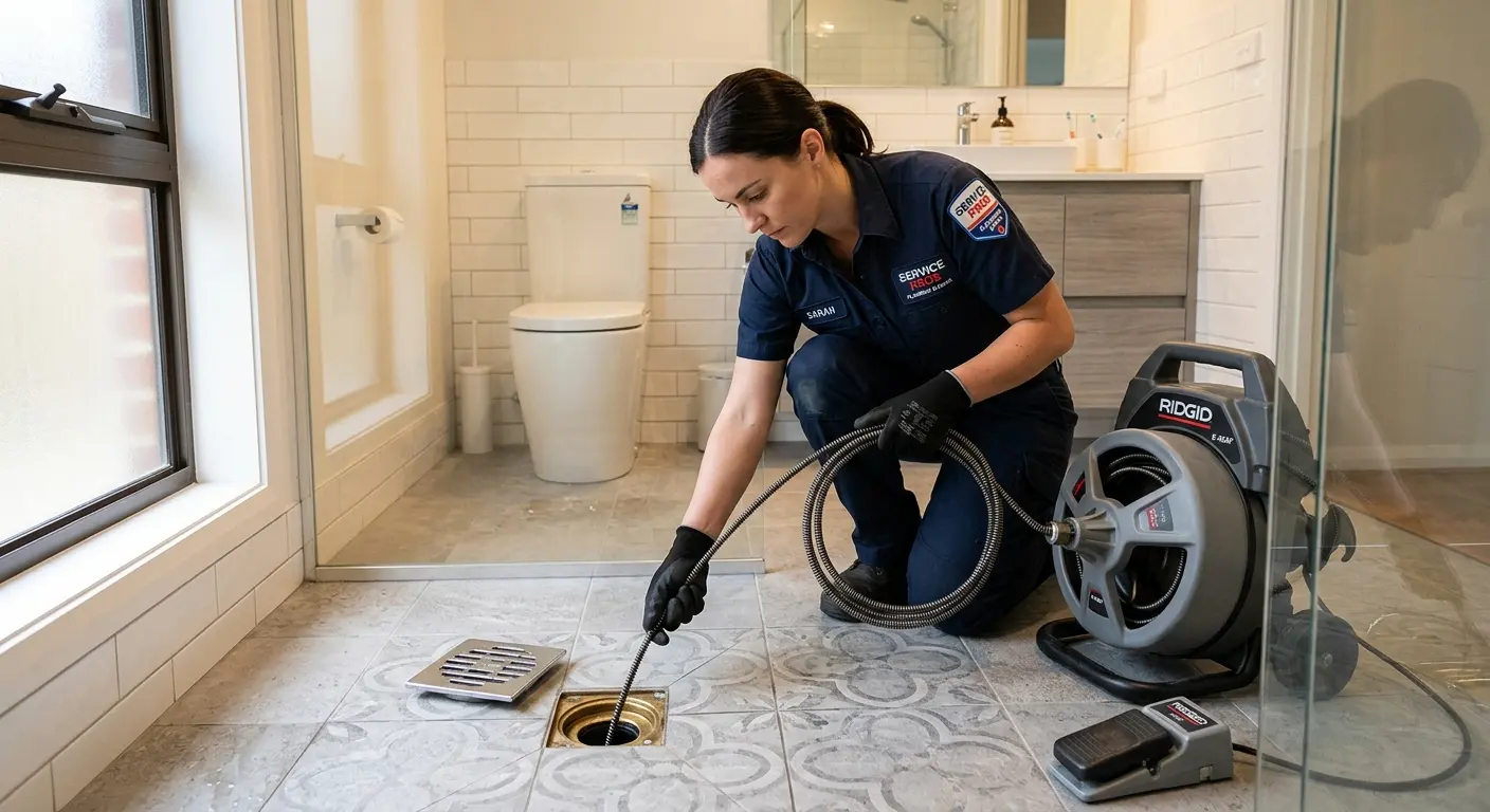 Technician clearing a bathroom floor drain for Sewer Line Installation in White City